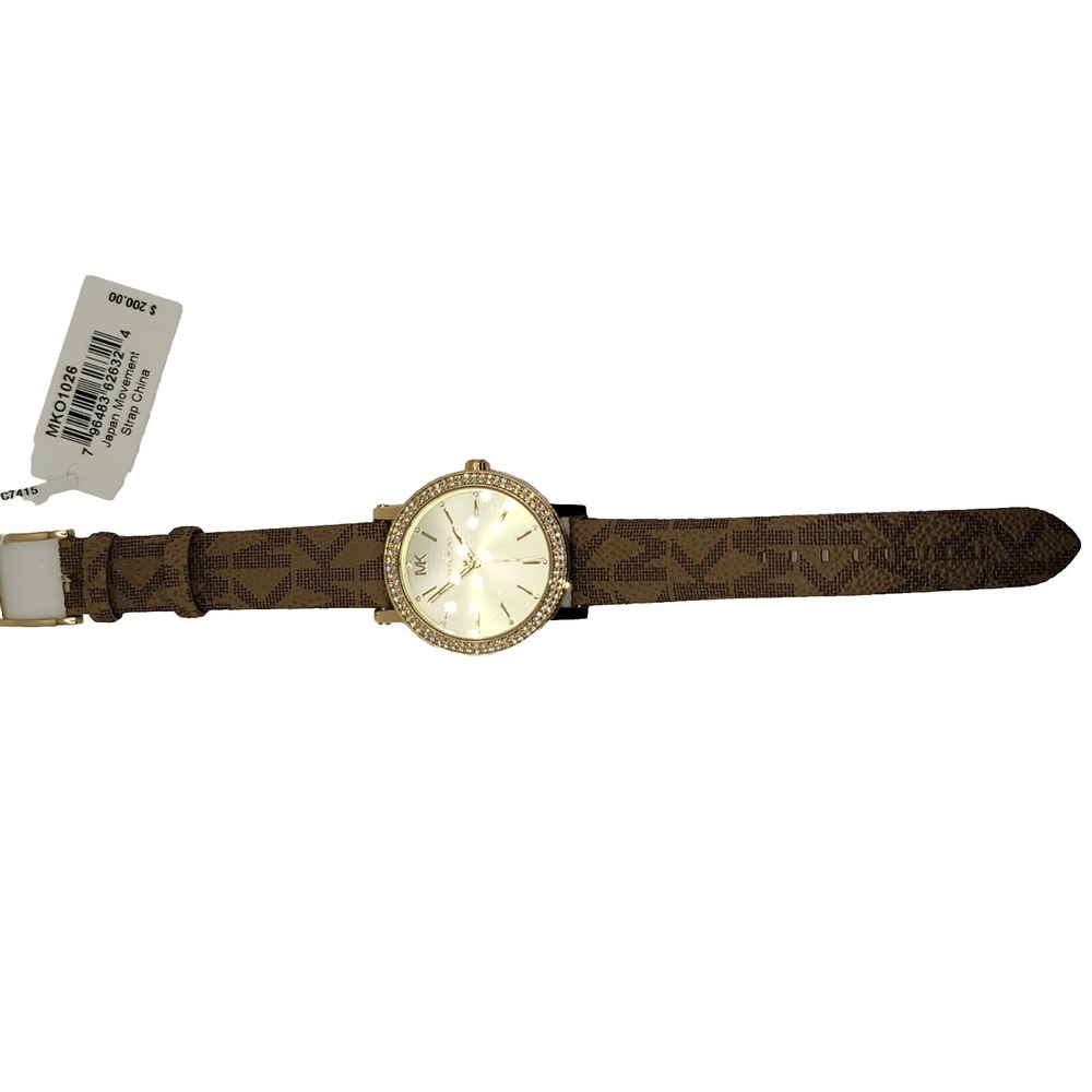 Michael Kors woman's 3 hand watch Corey crystals brown logo band NWT MKO1026